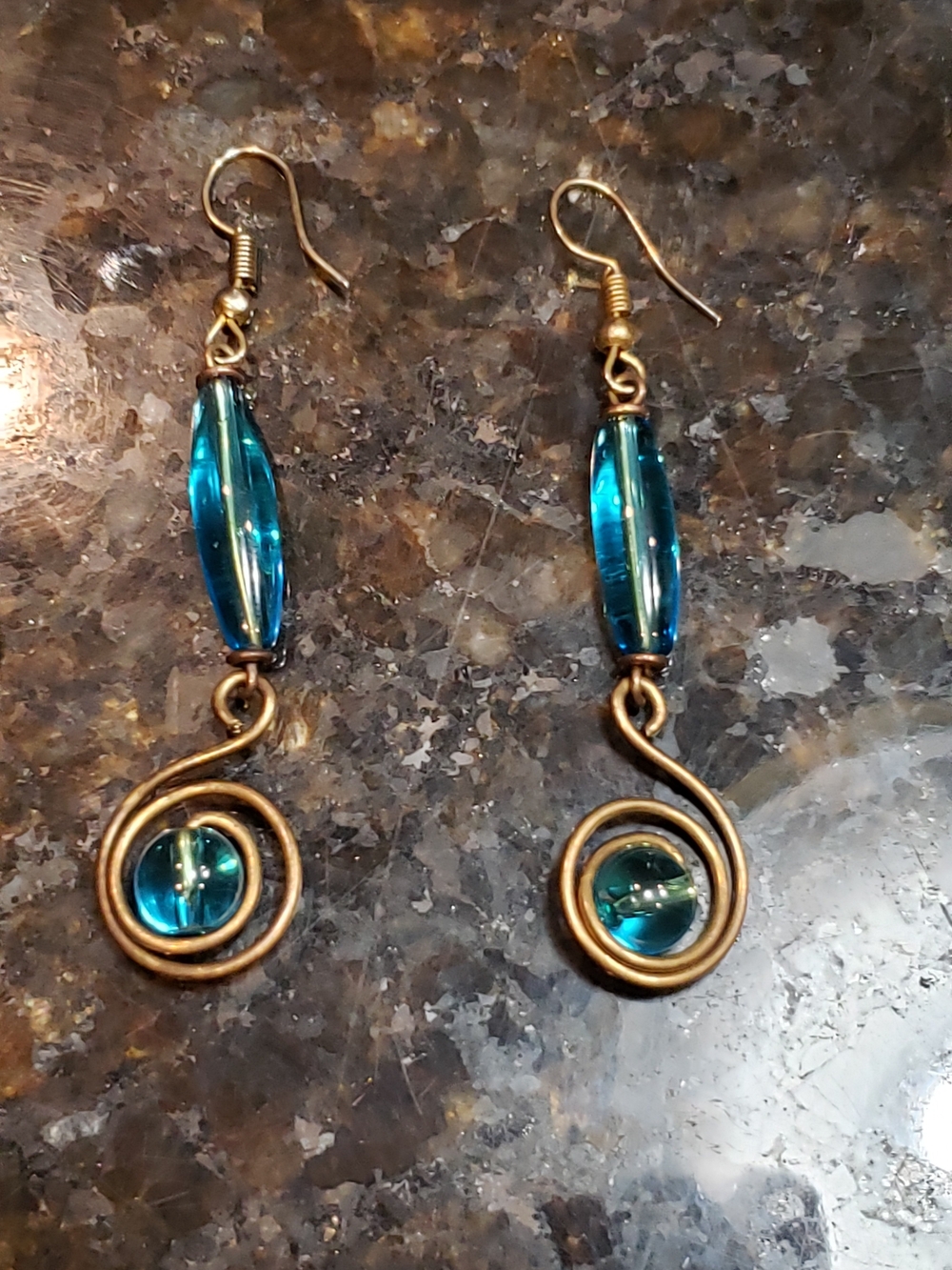 Gold Spiral Drop 2" Earrings with Blue Glass Beads